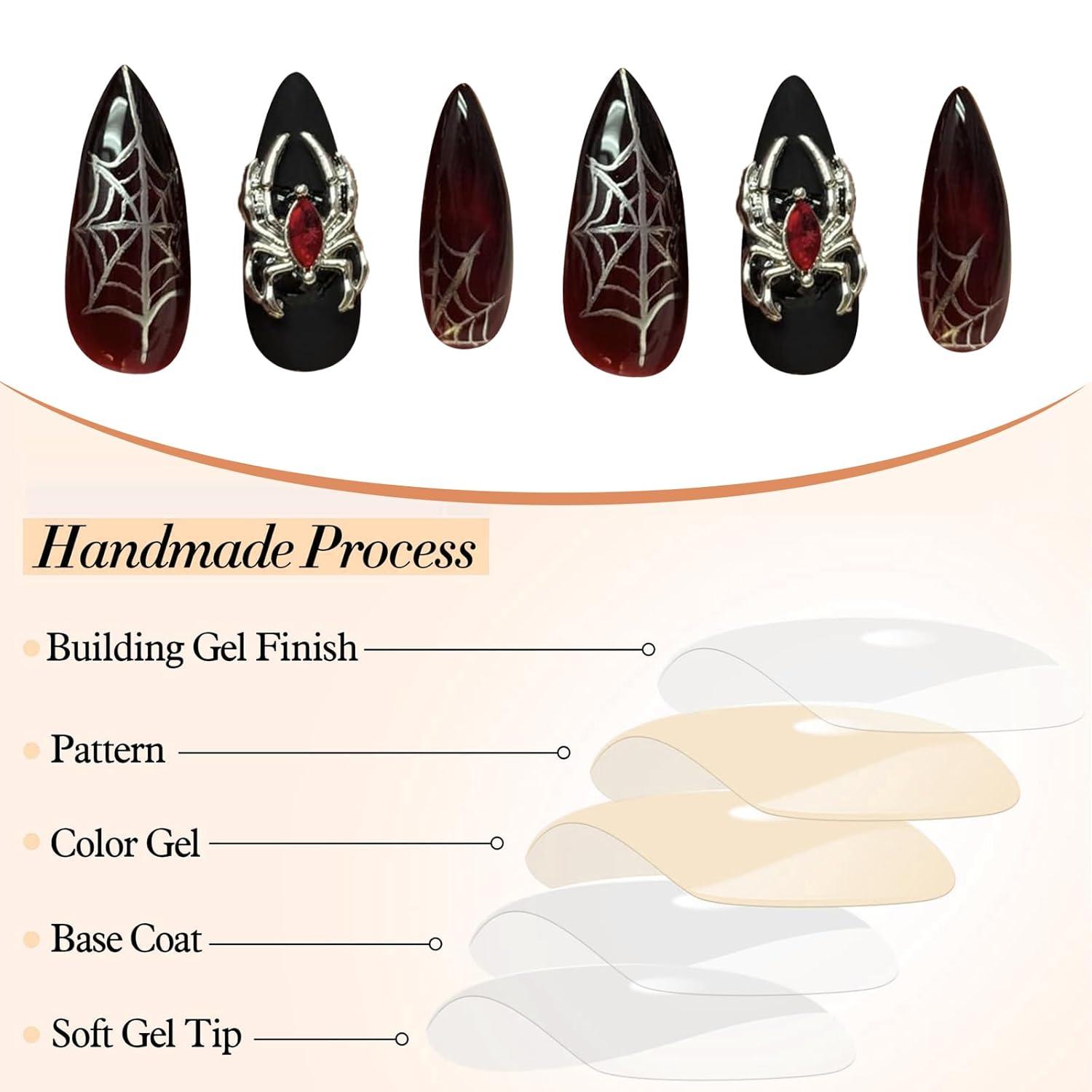 24 Stück Mittel Mandel Press on Nails Spinnen Charms Rot Schwarz Gradient Nagel
