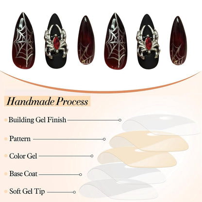 24 Stück Mittel Mandel Press on Nails Spinnen Charms Rot Schwarz Gradient Nagel