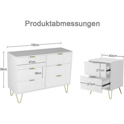 Schlafzimmer Komplett-Set Weiß mit Kommode & 2 Nachttische Skandinavisch