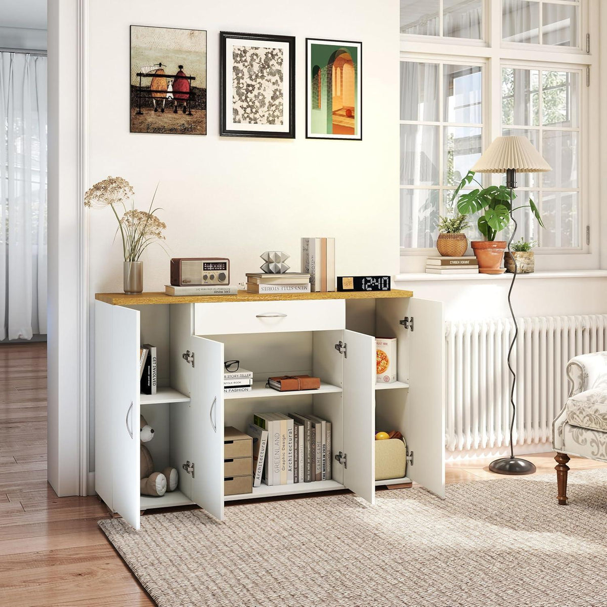 Kommode 110cm Eiche & Weiß mit Schubladen & Türen