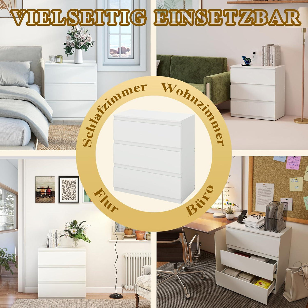 Weißer Kommodenschrank 70cm mit 3 Schubladen