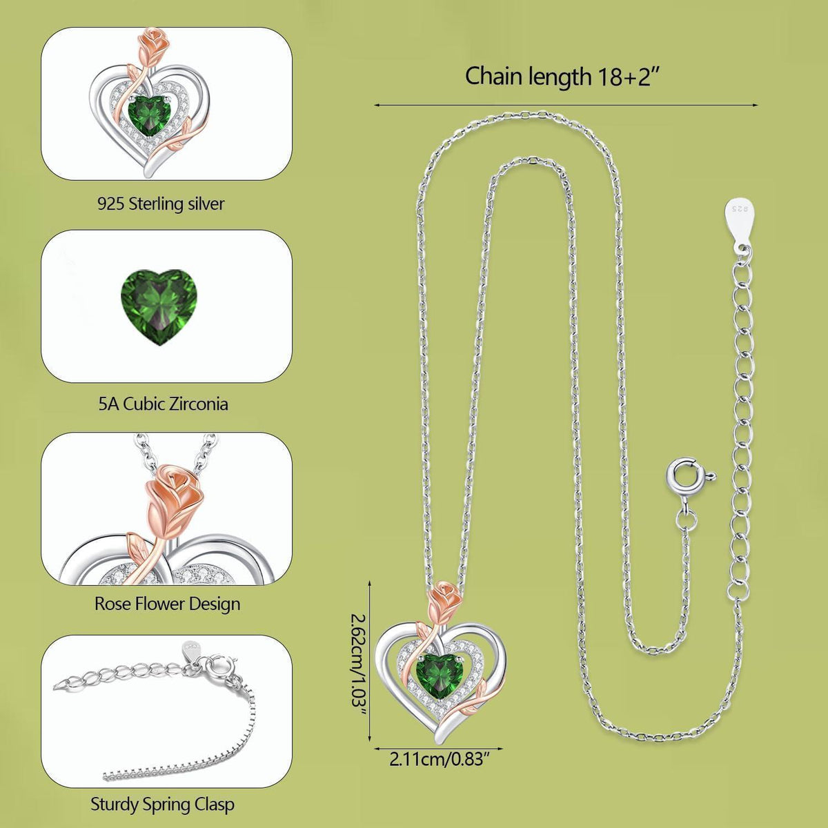Silber Halskette Damen Herz Rose Geburtsstein Kette 925 Sterling Silber