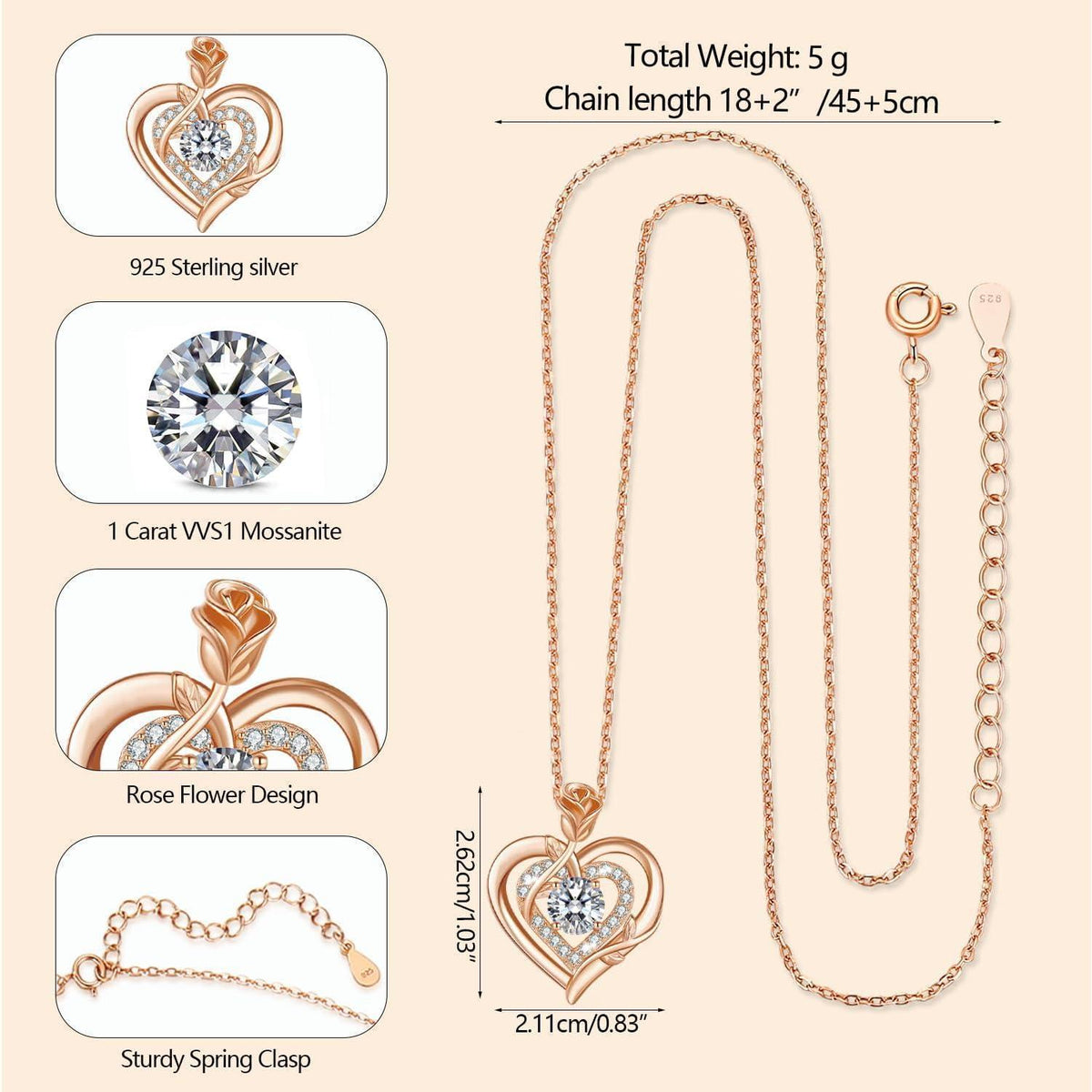 Moissanite Halskette Damen Silber 925 Herz Anhänger Rosegold