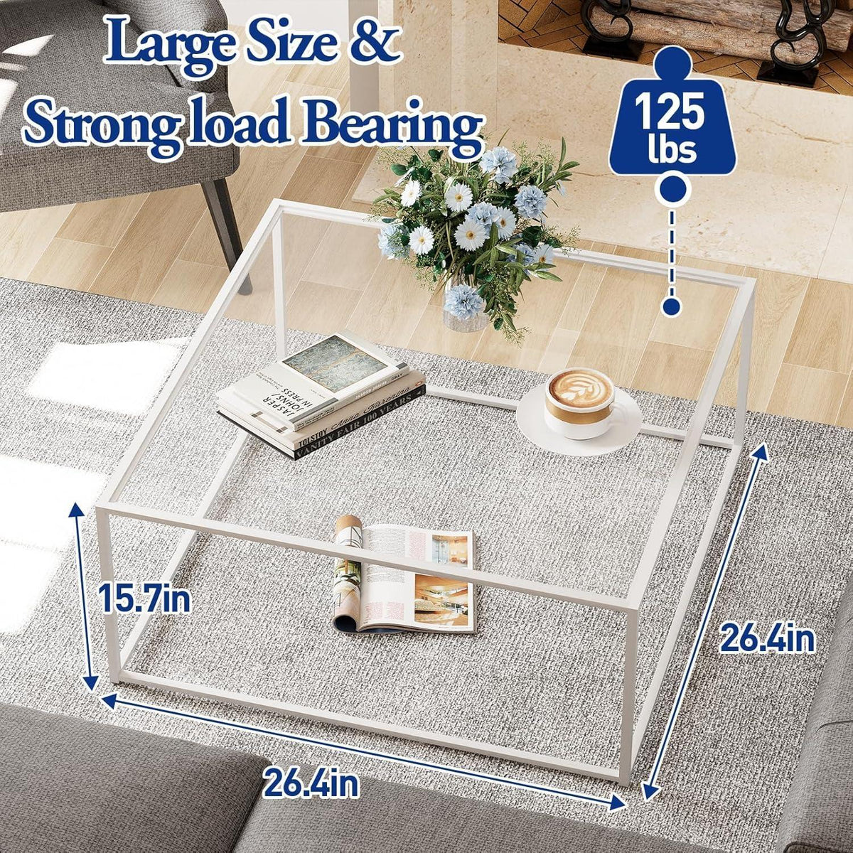Moderner Couchtisch aus gehärtetem Glas in Weiß 66,4 x 66,4