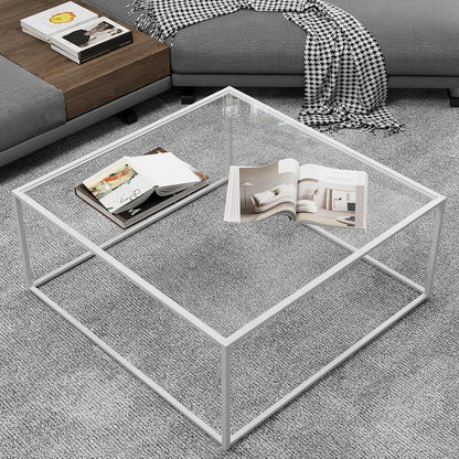 Quadratischer Glas Couchtisch Weiß, Metallgestell, 67x67x40 cm