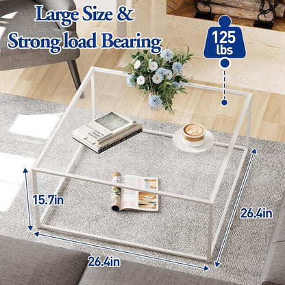 Quadratischer Glas Couchtisch Weiß 67x67x40 cm Metallgestell