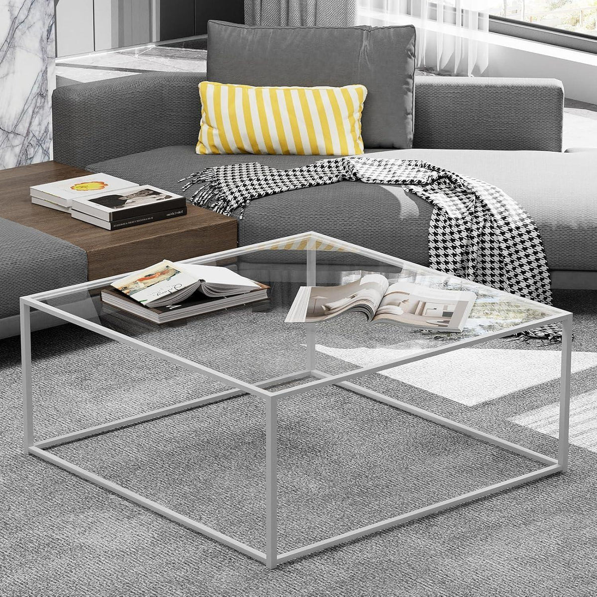 Quadratischer Glas Couchtisch Weiß 67x67x40 cm Metallgestell