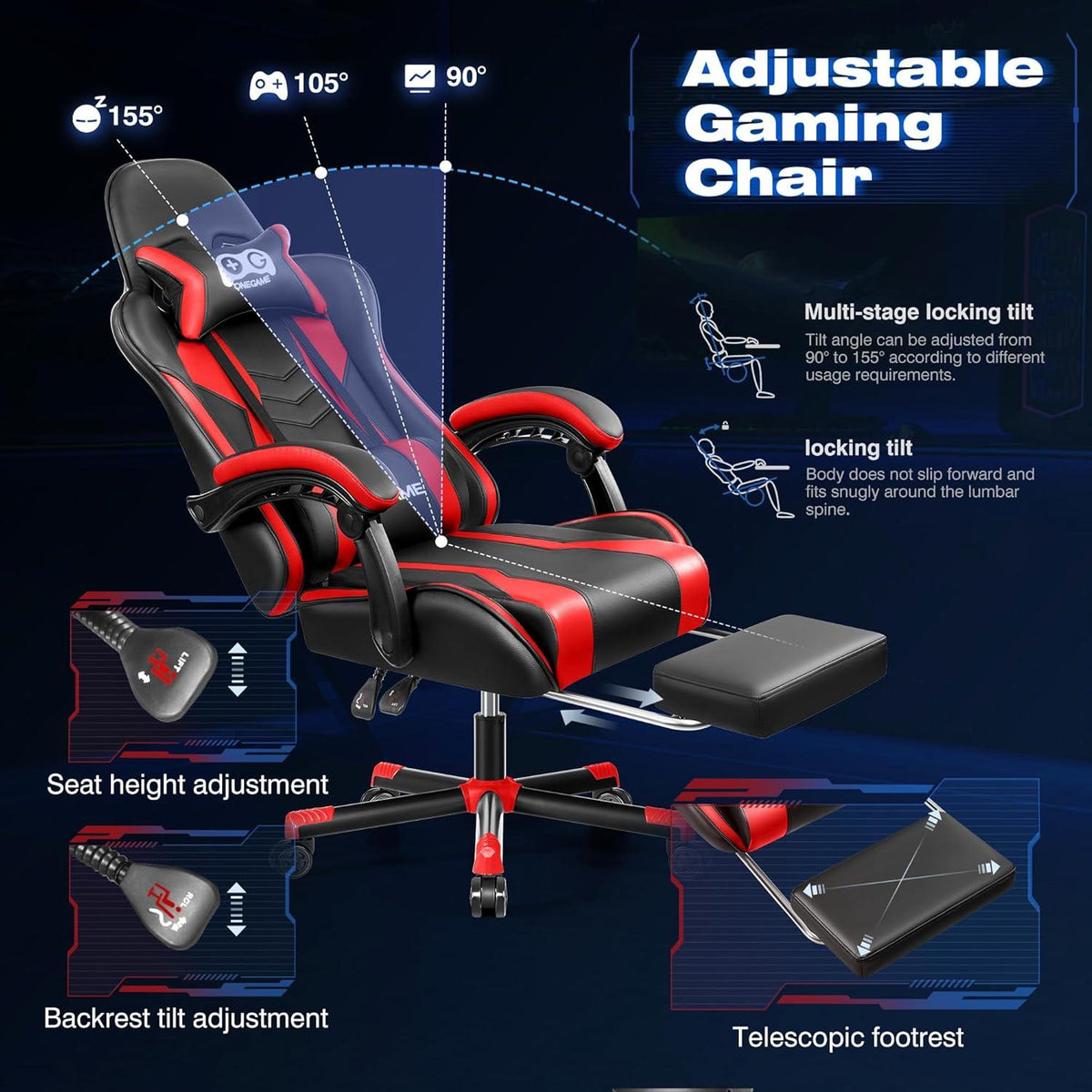 OneGame Gaming Stuhl mit Fußstütze, höhenverstellbar, ergonomisch, Rot
