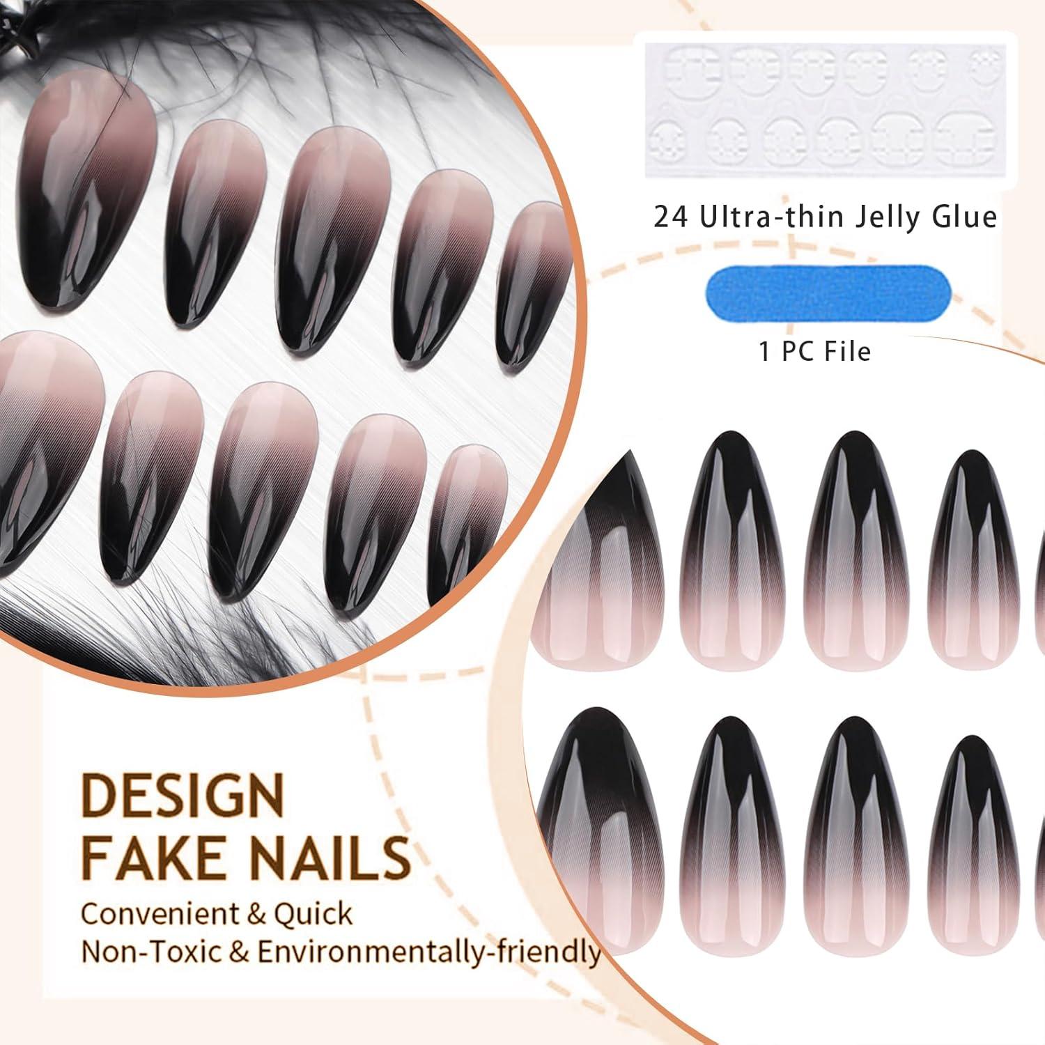 24 Schwarze Press On Nägel Mittel Almond Ombre Glänzend Stiletto