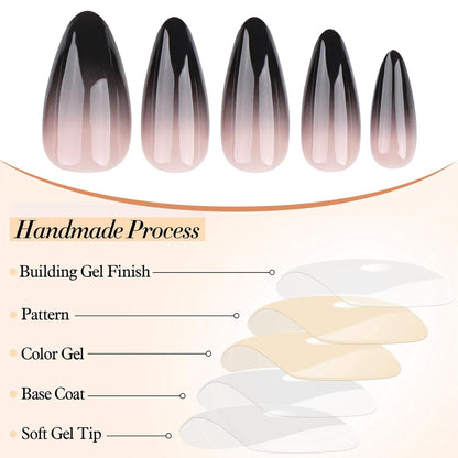 24 schwarze Press On Nails Almond Gotische Falsche Nägel Ombre Stiletto ABS