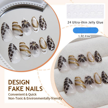 24 Stücke Press-On Nägel Mittel Almond Braun 3D Textur Design