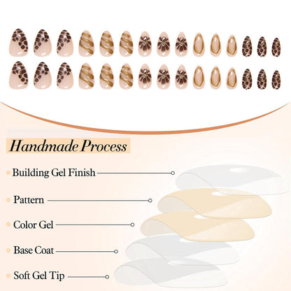 24 Stücke Mittelgroße 3D Gold Almond Braun Press On Nägel
