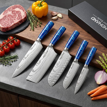 5-teiliges Küchenmesser Set – Scharfes Kochmesser Set mit Pakkawood Griff