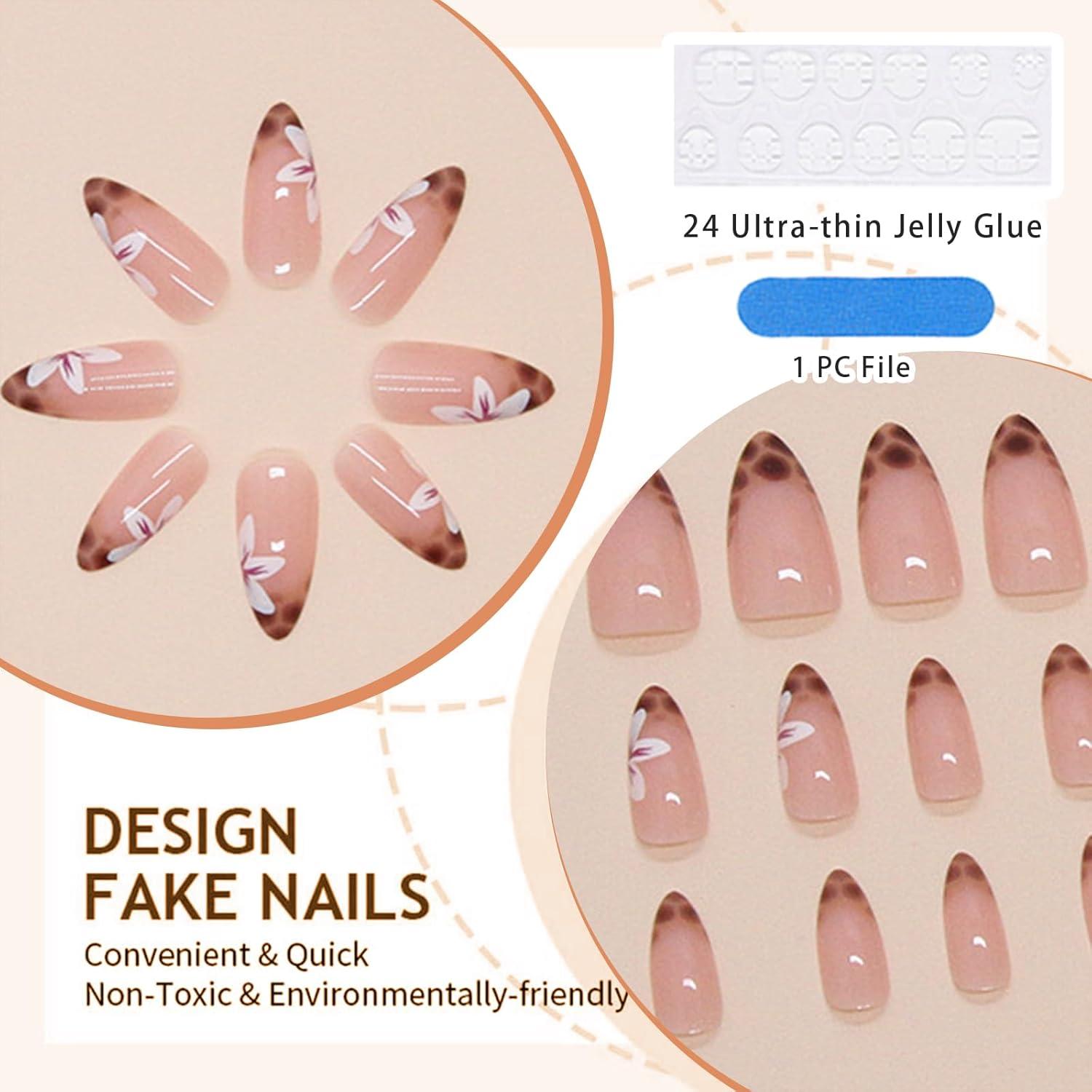 24er Pack Mittelgroße Press-On Nägel Mandelform mit Design Blume