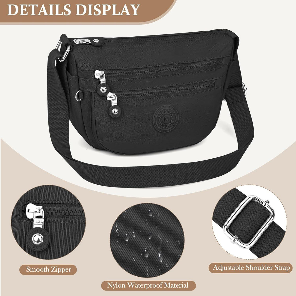 TEUEN Damen Umhängetasche Wasserdicht Nylon Crossbody Tasche Schwarz