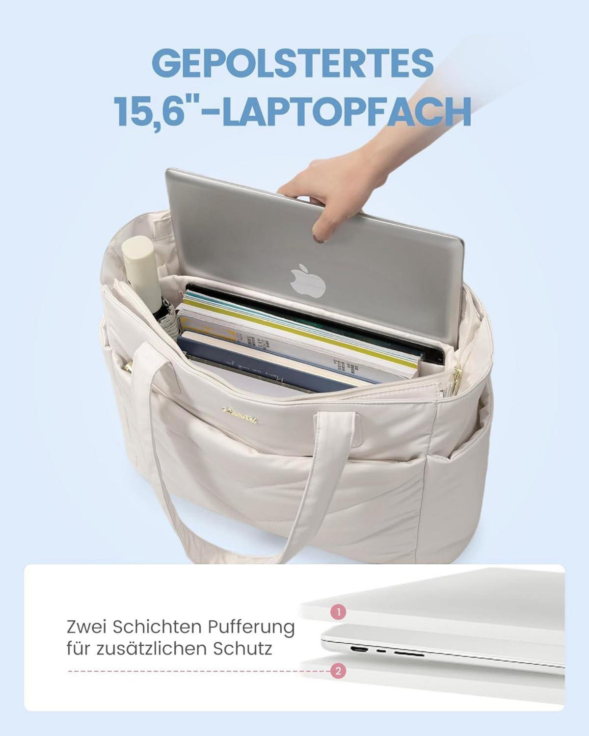 Laptoptasche Damen 15,6 Zoll Beige Handtasche Arbeitstasche