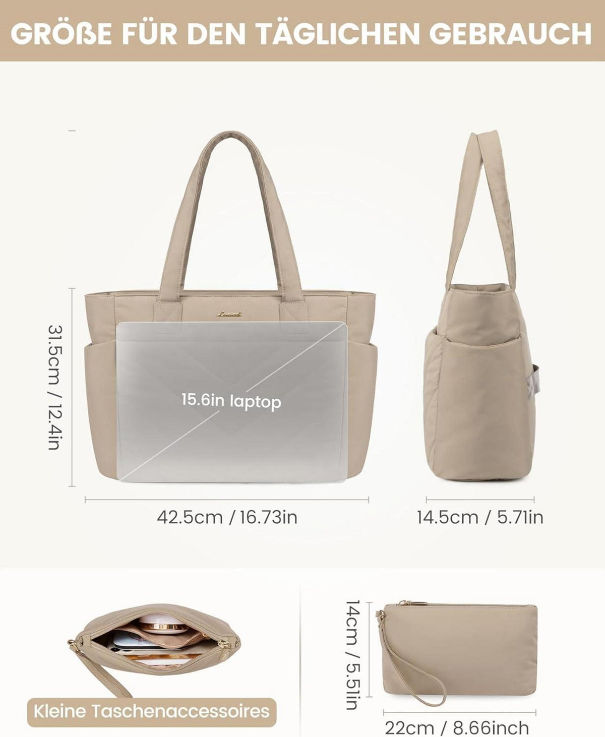 Laptoptasche Damen 15,6 Zoll Handtasche Business Khaki
