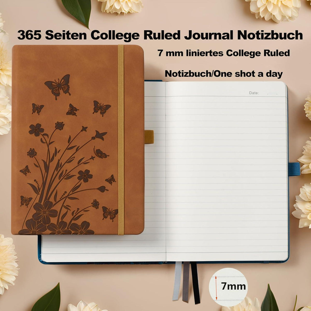 Liniertes Notizbuch B5 – Braun, 365 Seiten in Lederoptik