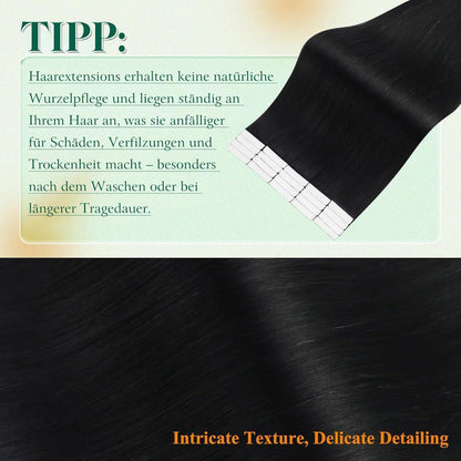 Echthaar Tape-in Extensions Schwarz 50cm - Glatt & Wiederverwendbar