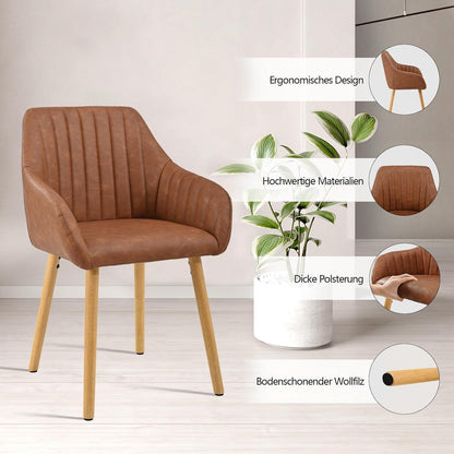 6 Esszimmerstühle Braun mit Armlehne & Holzbeinen in Lederoptik