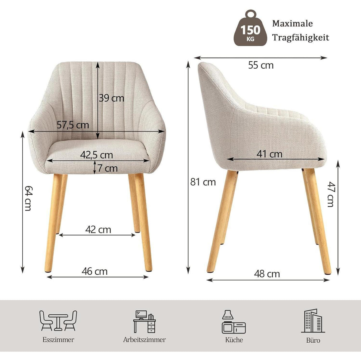 Esszimmerstuhl Beige mit Armlehne – 6er Set Polsterstuhl
