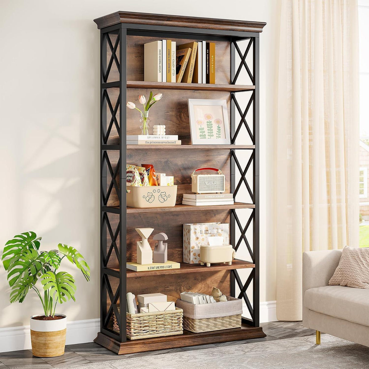 6-stöckiges Bücherregal Holz mit Metallrahmen – Industrie-Design Braun