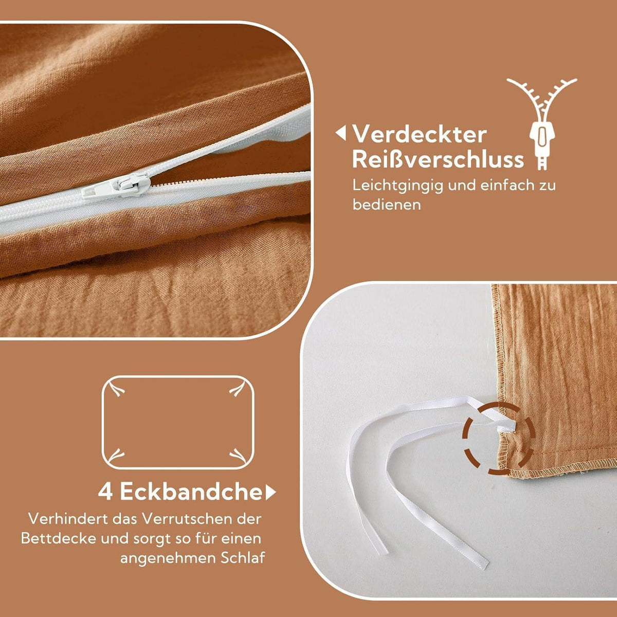 Doppelmuslin Bettwäsche 220x240 cm Caramel Baumwolle mit Kissenbezügen