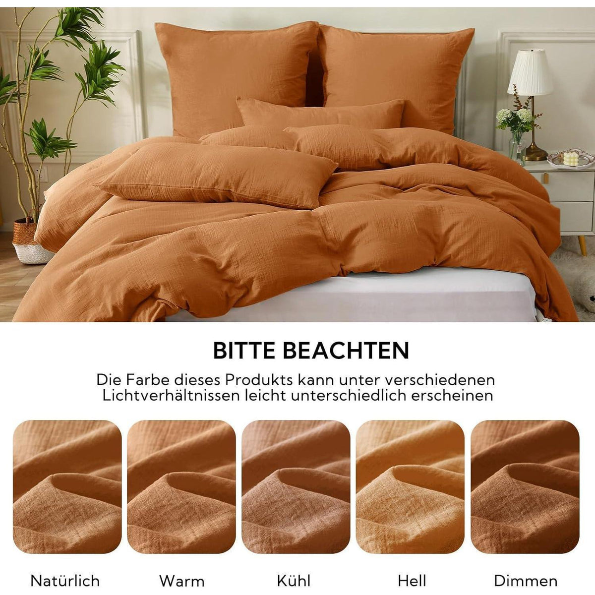 Doppelmuslin Bettwäsche 220x240 cm Caramel Baumwolle mit Kissenbezügen