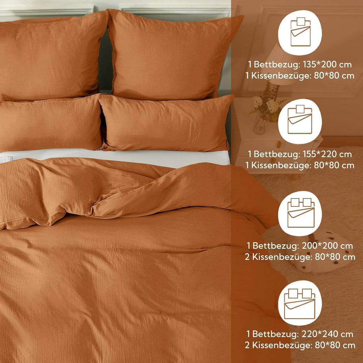Doppelmuslin Bettwäsche 220x240 cm Caramel Baumwolle mit Kissenbezügen