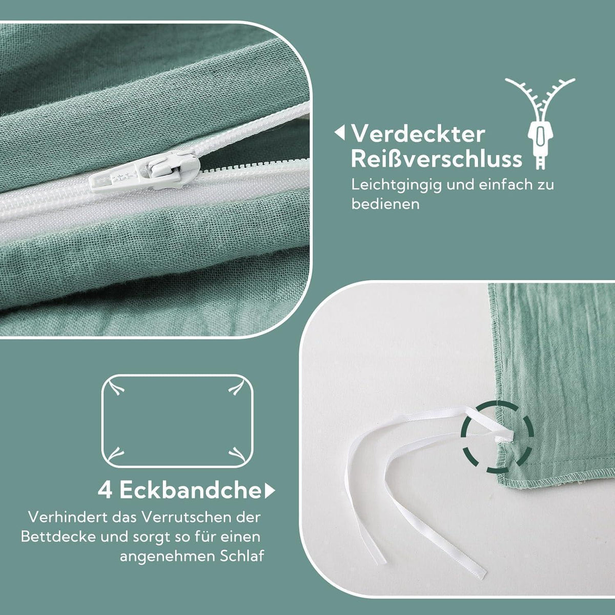 Bettwäsche-Set Baumwolle Doppeltes Musselin Beangreen 220x240 cm