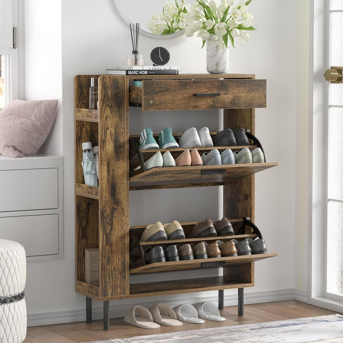 Schuhschrank Braun mit 2 Klappen & 1 Schublade – Platz für 12-16 Paar