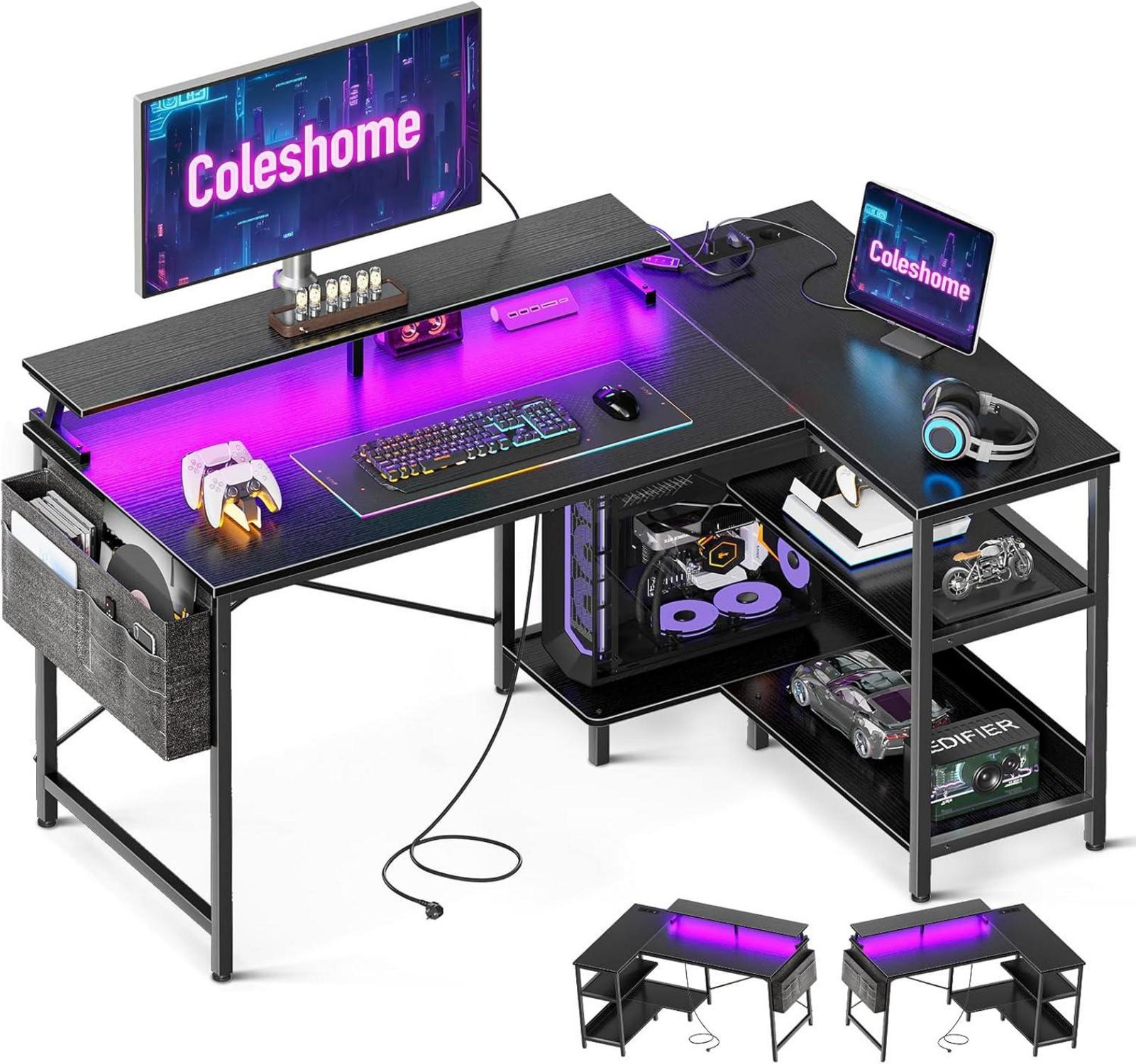 Gaming Tisch L Form LED Steckdosen 120x80cm Schwarz Regal