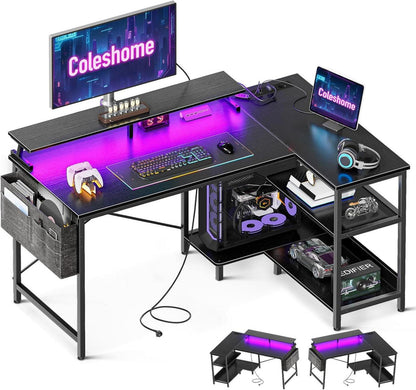Gaming Tisch L Form LED Steckdosen 120x80cm Schwarz Regal