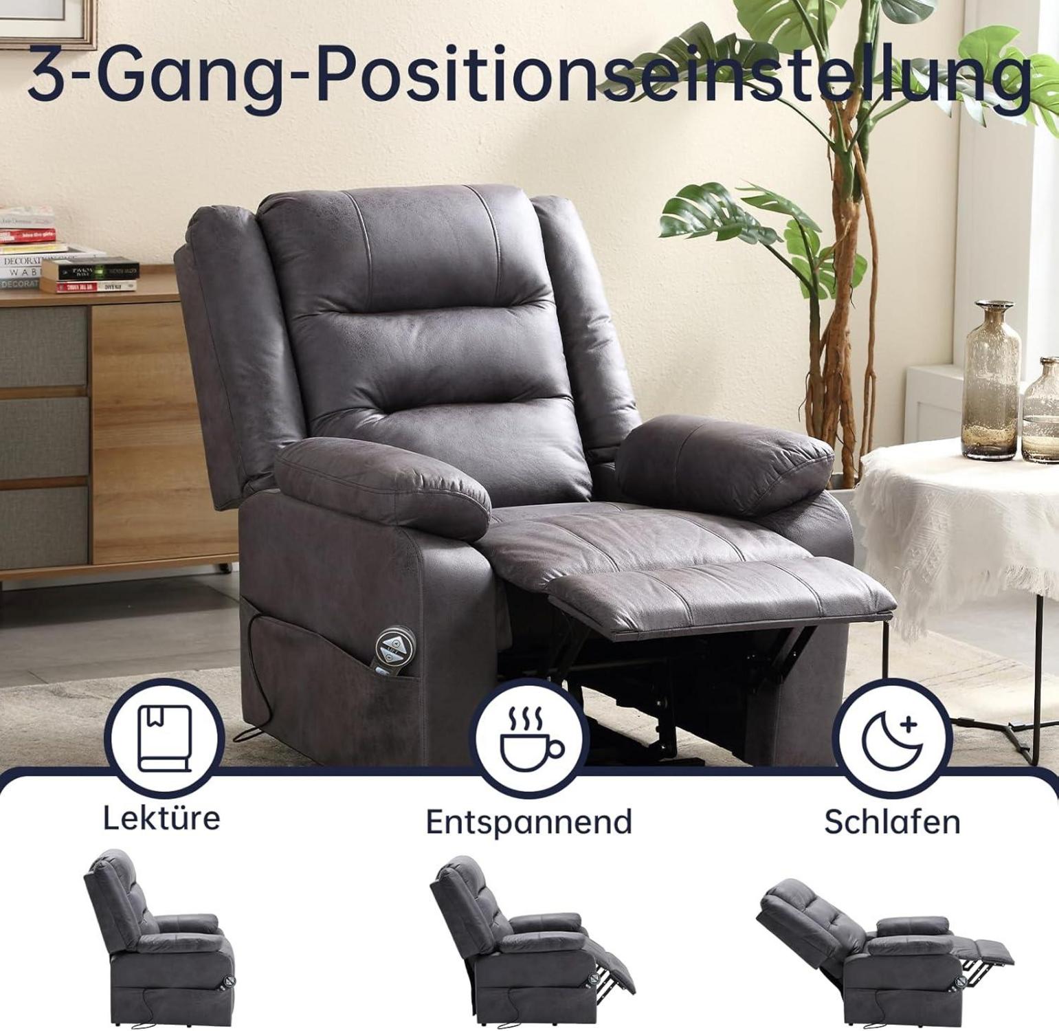 Elektrischer Fernsehsessel mit Aufstehhilfe Massage Liegefunktion 220kg Grau