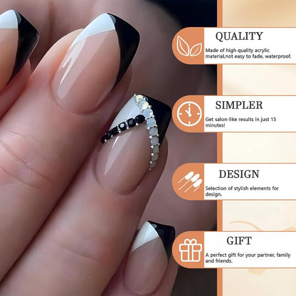 24 Stück Press On Nägel Kurz Sarg Glänzende Schwarz-Weiß Nageldesigns