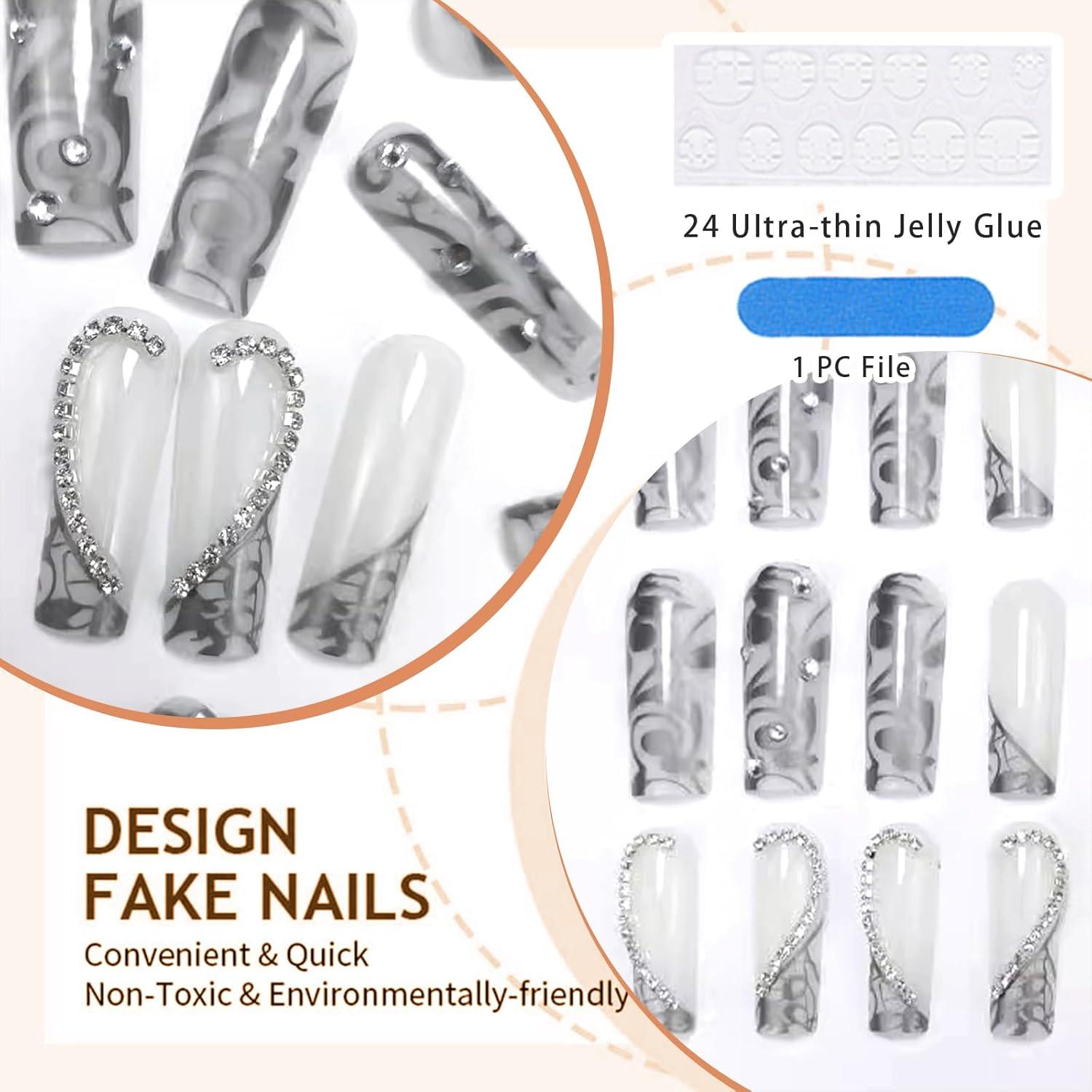 24 Stück French Tip Press On Nails Lang Silber 3D Herz Design