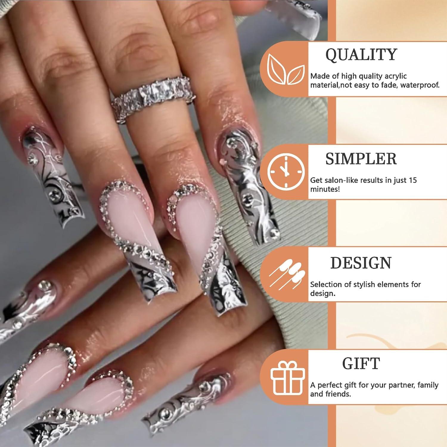 GlamRays 24 Stück Lang Quadratisch Silber Französische Klebe Nagel 3D