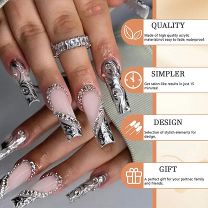 GlamRays 24 Stück Lang Quadratisch Silber Französische Klebe Nagel 3D