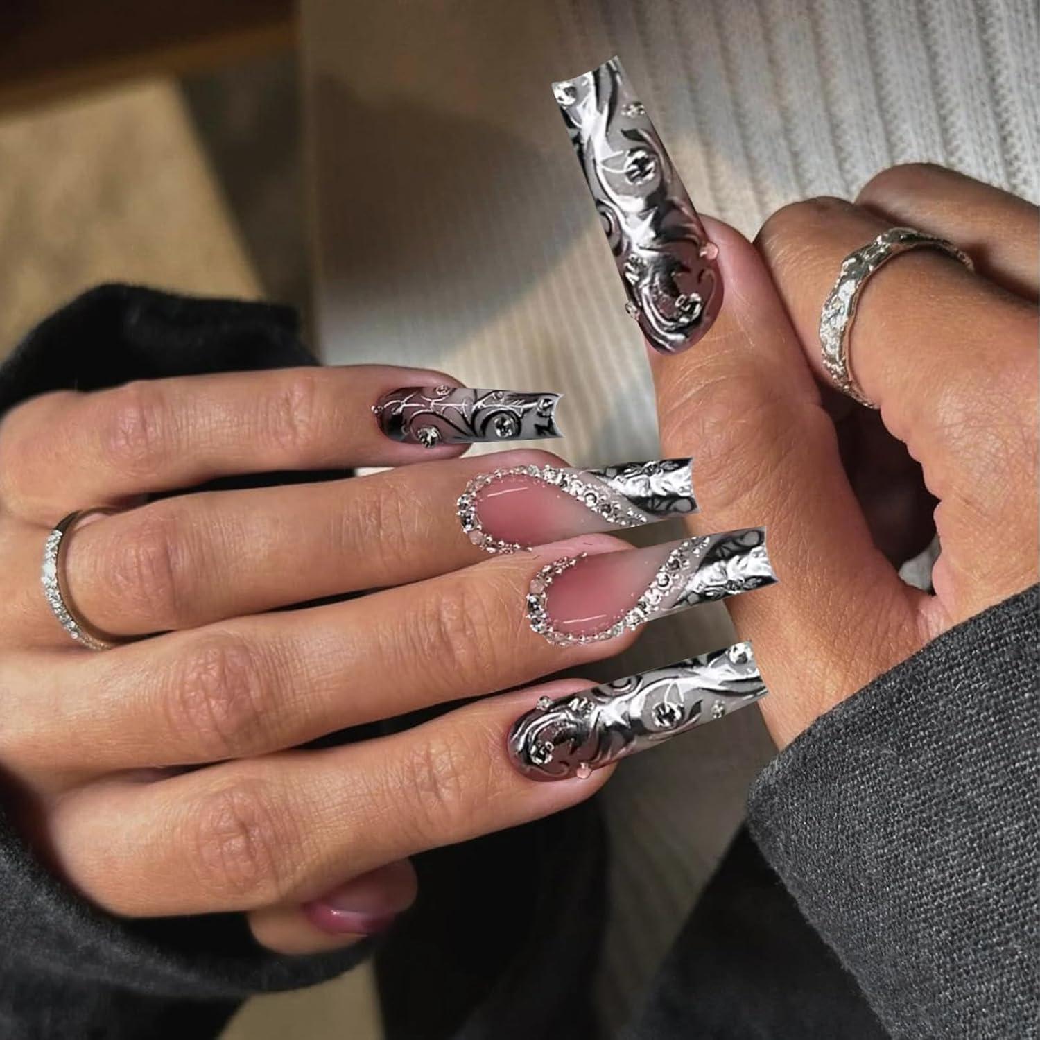 24 Stück French Tip Press On Nails Lang Quadratisch Silber Edelstein