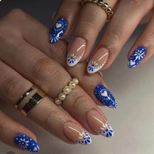 24 Stück French Tip Press On Nails Mittel Länge Bohemian Style Blaue