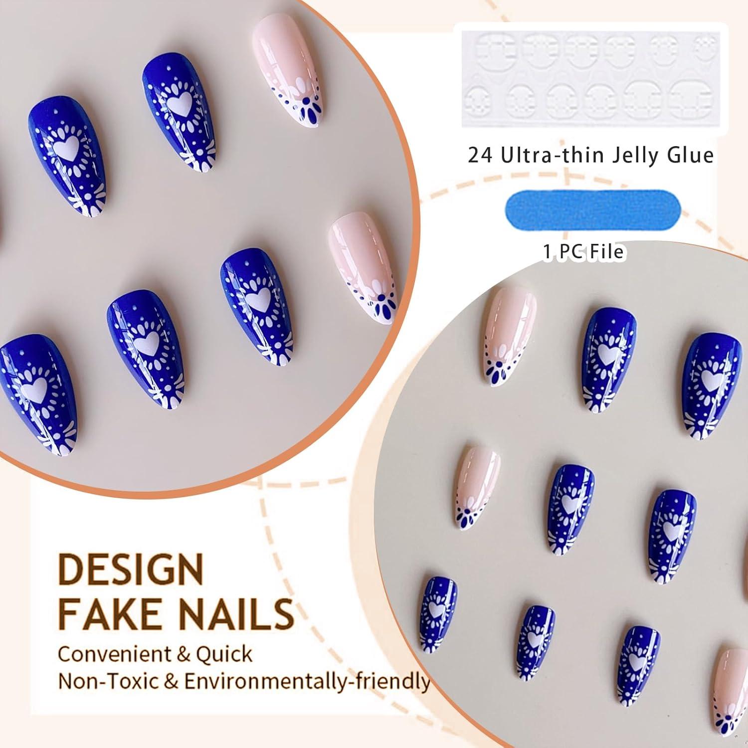 24 Stück French Tip Press On Nails Mittel Länge Bohemian Style Blaue