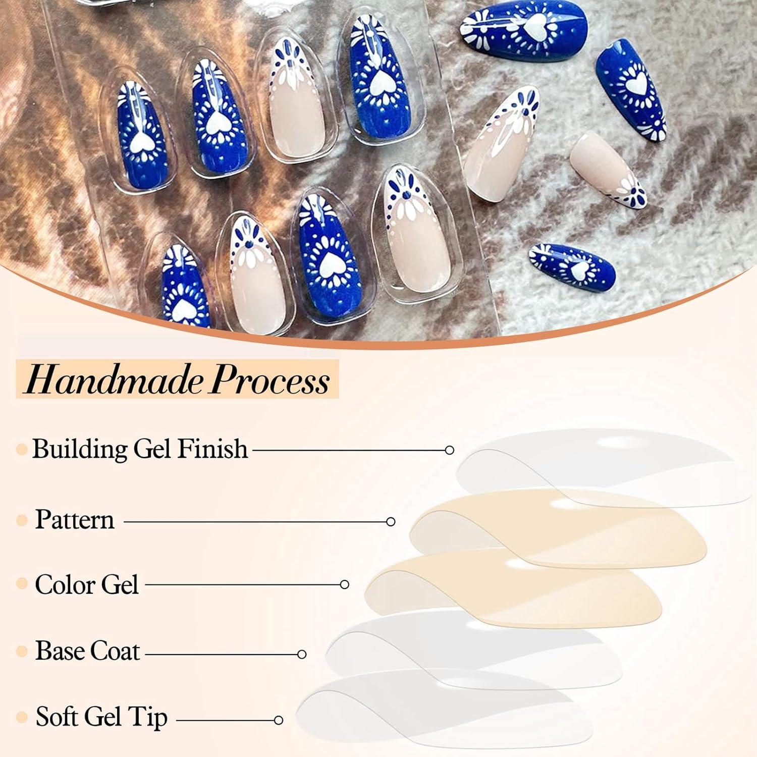 24 Stück Bohemian French Tip Press On Nails Mittel Länge Blaue Herz Linien