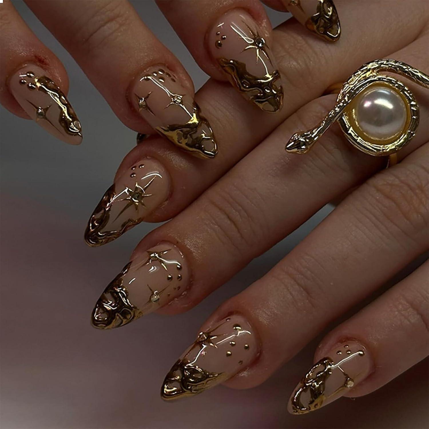 24er Set Mandel Press On Nails Gold 3D Mittel Französische Falsche