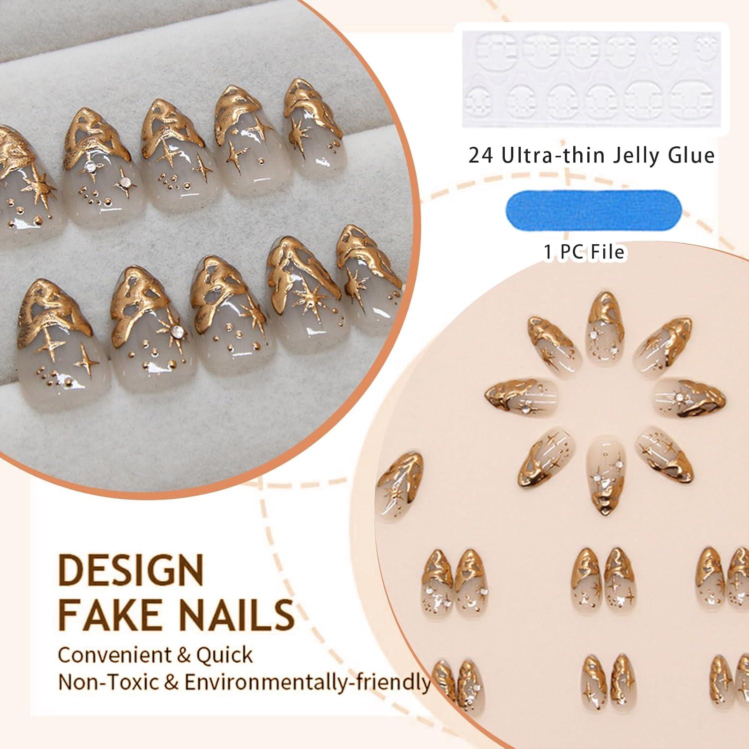 24er Set Mandel Press On Nails Gold 3D Mittel Französische Falsche