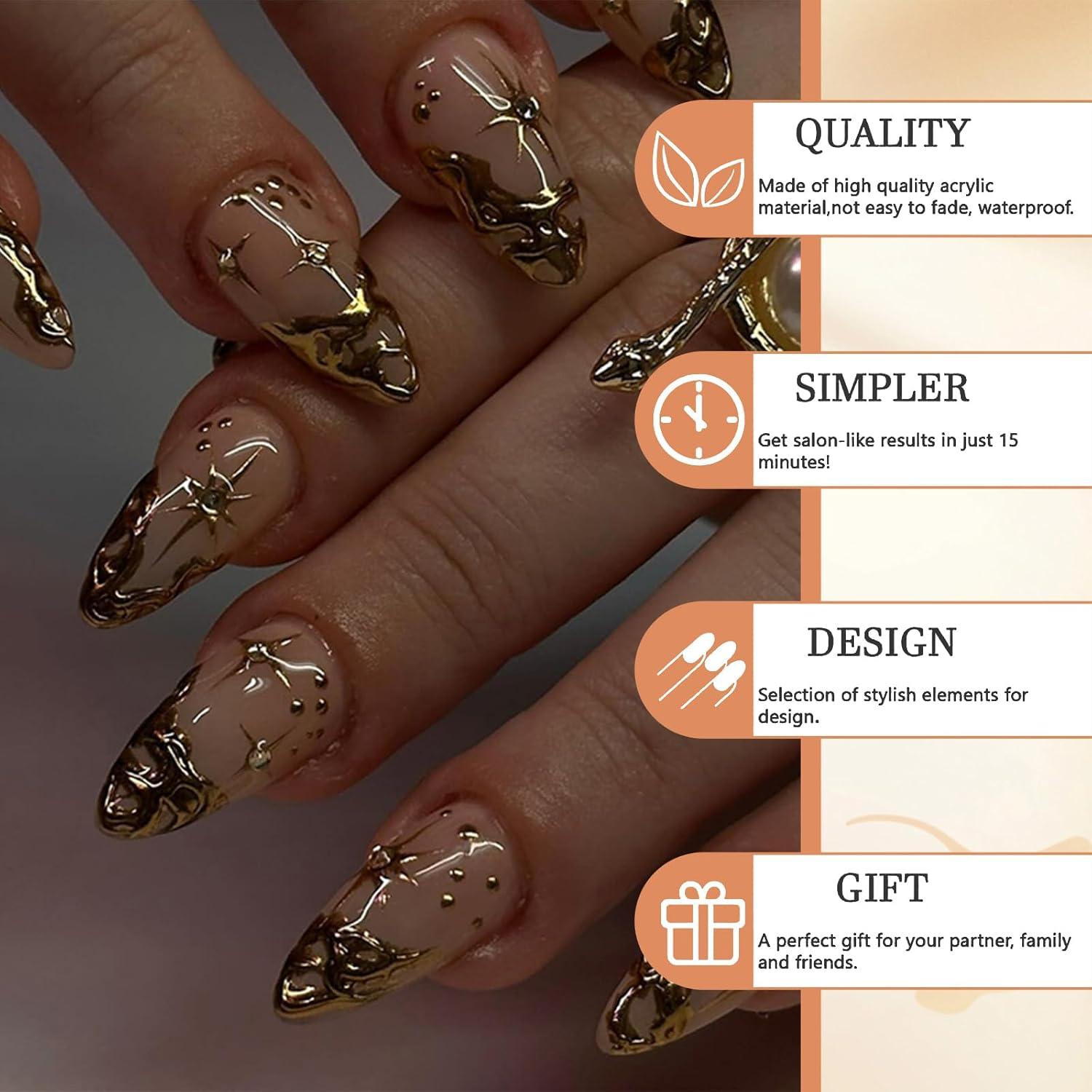24 Stück Mandel Press On Nails Gold Streifte 3D Mittel Französische Falsche Nails Natur Akryl Sterne Design