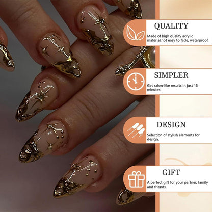 24 Stück Mandel Press On Nails Gold Streifte 3D Mittel Französische Falsche Nails Natur Akryl Sterne Design