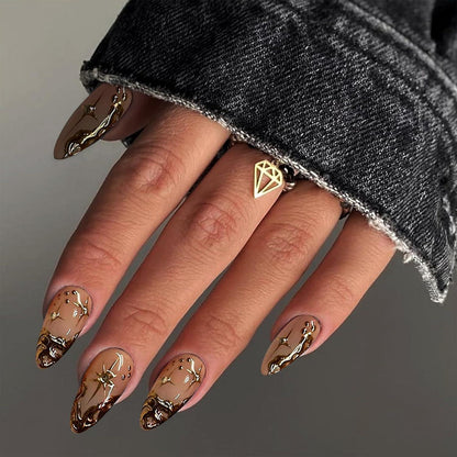 24 Stück Mandel Press On Nails 3D Mittel Französische Falsche Nails