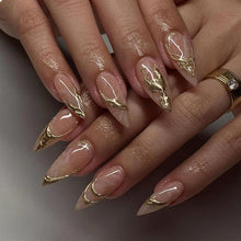 24er Set Mittellange Mandel Falsche Nails Bronzing Designs Gold Linie