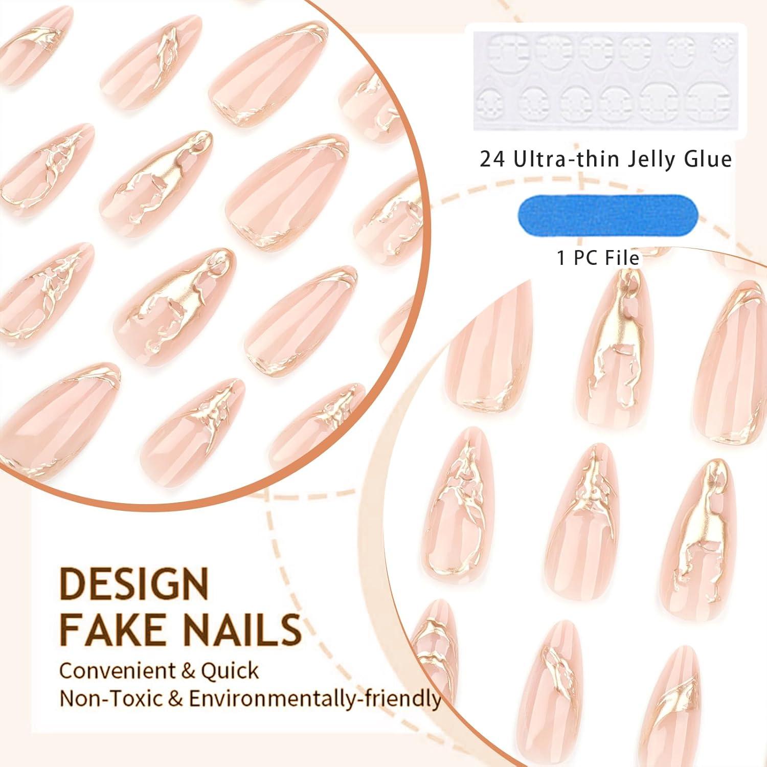 24er Set Mittellange Mandel Falsche Nails Bronzing Designs Gold Linie