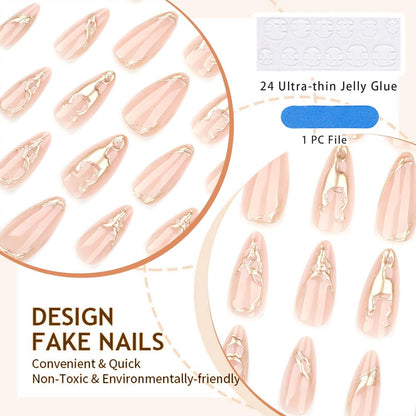 24er Set Mittellange Mandel Falsche Nails Bronzing Designs Gold Linie